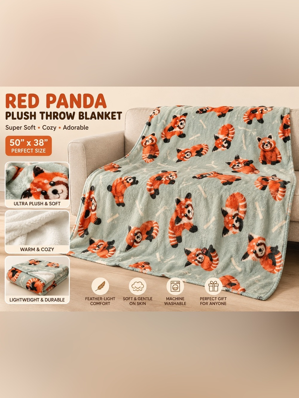 Red Panda Plush Throw Blanket - Cozy Cream & Orange Design Very soft
50”x38”